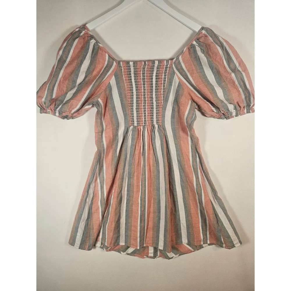 Angie Striped Dress Women Medium Cotton Boho Puff Sleeve Button Coastal